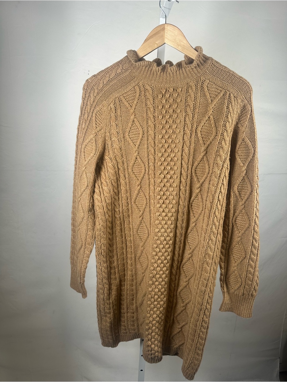J.Crew Cable-Knit Tunic Sweater Dress Camel Tan Lambswool Blend Size L - Picture 2 of 6